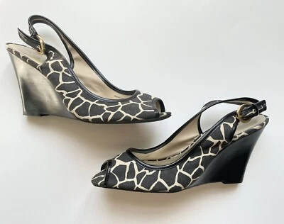 Tahari Women’s Size 8.5M Gia Wedge Sandal Shoe Black And Tan Animal Print - Image 1 of 4