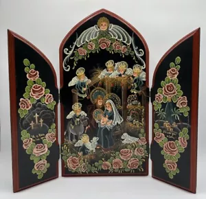 Vintage handbemalte Volkskunst Weihnachten Holz religiös Triptychon Krippe - Bild 1 von 13