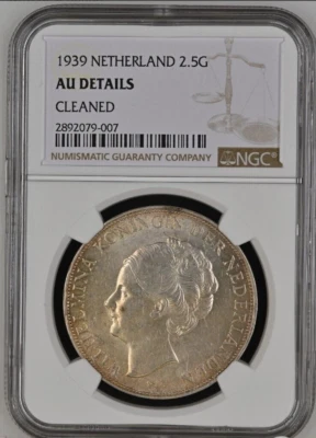 Moneda de plata 1939 PAÍSES BAJOS 2,5 florines Utrecht Mint Welhelmina I NGC AU-Detalles Foto 1 de 4