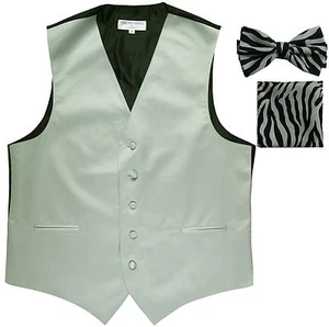 New Men's Formal Vest Tuxedo Waistcoat silver ZEBRA Bowtie & Hankie set wedding - Picture 1 of 4