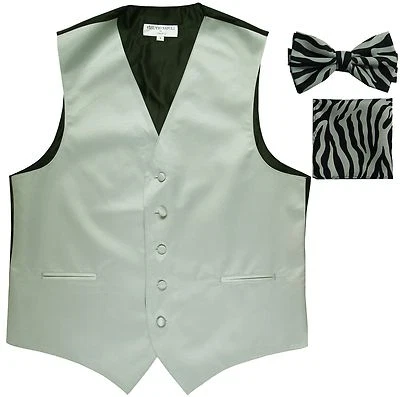 New Men's Formal Vest Tuxedo Waistcoat silver ZEBRA Bowtie & Hankie set wedding - Image 1 of 4