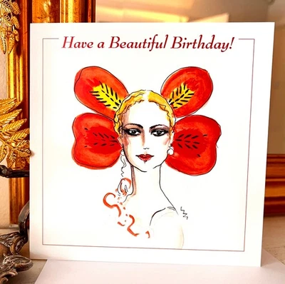 FASHION ART CARD BEAUTIFUL BIRTHDAY;FLORAL GIRL; HAND DRAWN UK MADE ;FREEPOST - Image 1 of 4