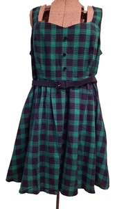 Modcloth Checkered Dress Blue Green Belt Sweetheart Neck 1X 44" Bust 100% Cotton - Picture 1 of 14
