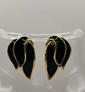VTG 80'S ANNE KLEIN COUTURE BLACK ENAMEL GOLDEN FLAME LEAF POST EARRINGS - Picture 1 of 5