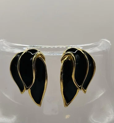 VTG 80'S ANNE KLEIN COUTURE BLACK ENAMEL GOLDEN FLAME LEAF POST EARRINGS - Изображение 1 из 4