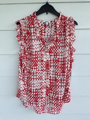NWT DKNY: Size 2X Womens blouse shell ruffles, Button Down Red white dot  - Image 1 of 4