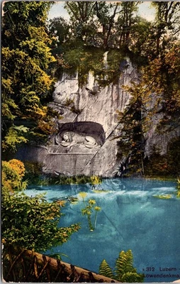 SWITZERLAND 1913 PICTORIAL POSTCARD LUZERN LION MEMORIAL ADDR USA CANC LUZERN - Image 1 of 2