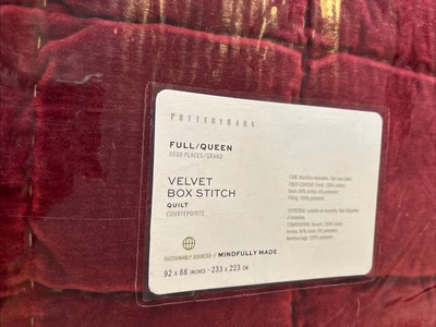 Edredón Pottery Barn Terciopelo Hecho a Mano Puntada de Caja Completo Queen Rojo Rubí Nuevo en Paquete Foto 1 de 4