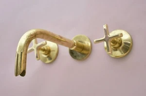 Brass Bathroom Faucet Two Cross Handle Wall Mount Bathroom Sink Faucet Unlacquer - Picture 1 of 12