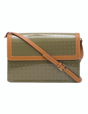 Bolso Mensajero Grande Italiano Arcadia Verde Charol y Cuero Tostado Nuevo con Etiquetas Foto 1 de 4