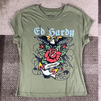Женская футболка Ed Hardy зеленая с графикой орел роза якорь тату принт размер L - Изображение 1 из 4