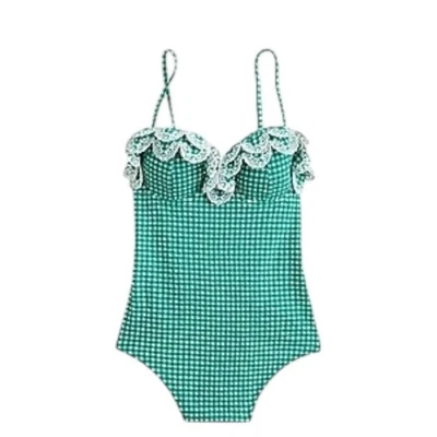 Traje de baño de una pieza con volantes festoneados J.Crew, guinga texturizada verde talla 6, AK743 Foto 1 de 4