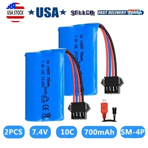 2pcs 7.4V 700mAh Li-ion Battery SM-4P Plug for RC Boat Car Truck w/ USB Charger - Picture 1 of 10