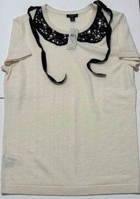 Ann Taylor wool short sleeve sweater jeweled neck  sz M NEW w/$90.00 price tag - Image 1 of 4