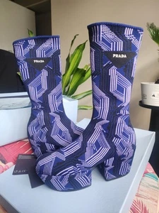 100% AUTHENTIC PRADA PURPLE ARGYLE LOGO SOCK PLATFORM BOOTS - Picture 1 of 15