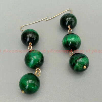 6/8/10/12mm Green Tigers Eye Smooth Round Gems Beads Dangle Gold Hook Earrings - Image 1 of 4