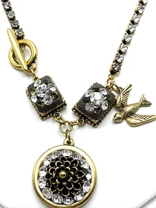 Gothic Steampunk Necklace Toggle Brass Crystal Flower Feathers 17” - Picture 1 of 9