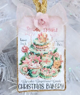 Taza de té de panadería de pan de jengibre Shabby rosa decoupage brillo adorno de Navidad Foto 1 de 3