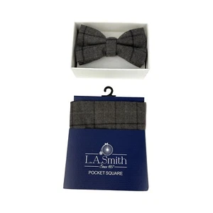 LA Smith Brown Plaid Warm Bow Tie And Pocket Square NEW - Picture 1 of 3