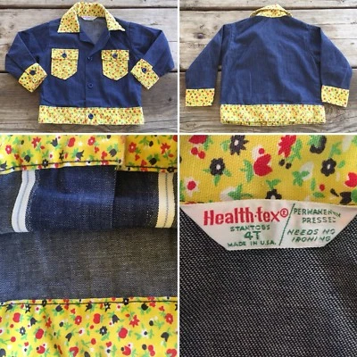 Healthtex Stantogs Selvedge Denim Jeans Jacket W/ Floral 4T Made In USA 60s 70s - Image 1 of 4