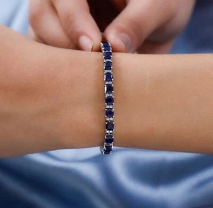 Asscher Cut Blue Sapphire and Moissanite Tennis Bracelet in Sterling Silver - Picture 1 of 4
