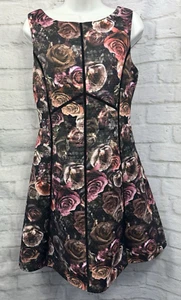 Oasis A-Linie Kleid Größe 12 schwarz pink & braun Blumen Rose ärmellos V-Rücken Reißverschluss - Bild 1 von 11