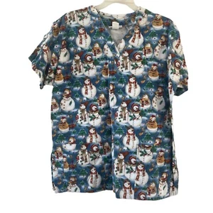 Mad About Scrubs Adult Large Top Chirstmas Snowman Medical Blue Short Sleeve - Picture 1 of 9
