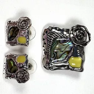 Abalone & Enamel Silver Tone Metal Setting Pendant w/ Matching Pierced Earrings - Picture 1 of 7