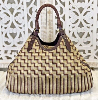 COLE HAAN Genevieve Woven Triangle Hobo Shoulder Handbag Tote 19" Silk Raffia - Image 1 of 4