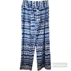 Robert Louis Womens M Palazzo Wide Leg Pants White Blue Geometric Tie Front - Picture 1 of 9