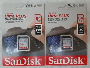 Lot of 2 SanDisk 64GB Ultra Plus SDXC UHS-I Memory Card SDSDUW3-064G-AN6IN - Picture 1 of 3