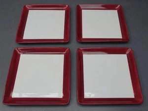 Set 4 Simple Additions Pampered Chef 10" Square Ceramic Red/White Dinner Plates - Picture 1 of 8