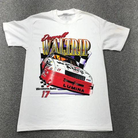 Vintage Darrell Waltrip Shirt Men Medium White Tee Single Stitch USA Racing Top Cover