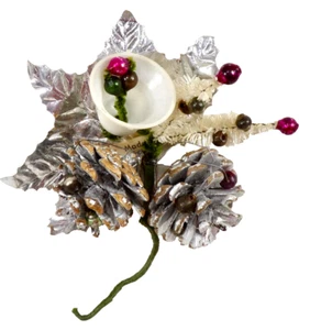 Christmas Corsage Silver Foil Leaf White Bell Bead Picks Vintage #740 - Picture 1 of 7