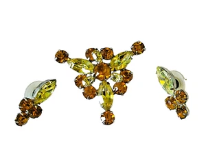 Vtg Set Brooch Pin & Pierced Gold Tone Amber Topaz Yellow Glass Rhinestones - Picture 1 of 14
