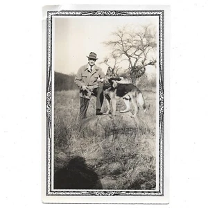 Handsome Man w German Shepherd Dog Vintage Photo Posed On Rock Minneapolis MN - Picture 1 of 6