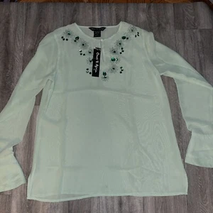 Once & Again Langarm Polyester Bluse Gr. L grün verziert Blumen Glitzer - Bild 1 von 9