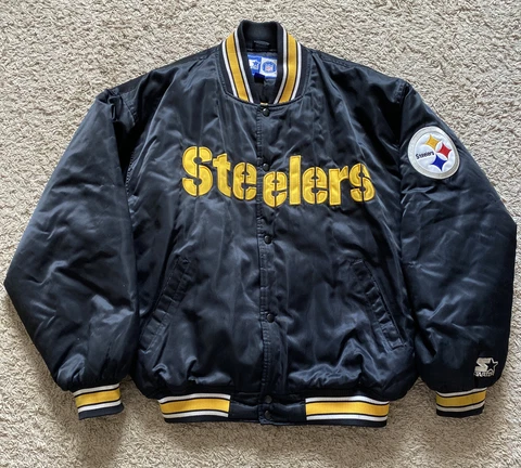 Vintage Pittsburgh Steelers Authentic Starter Satin Spell Out Black Jacket Large Cover