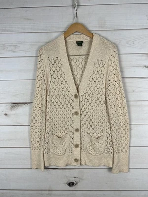 Eddie Bauer Sweater Womens Medium Beige Open Knit Cotton Cardigan Pockets - Image 1 of 4