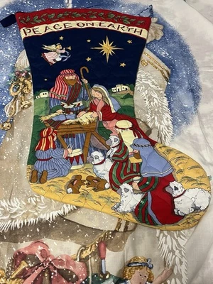 VTG Hand Made Quilt Stocking Susan Winget Peace On Earth Very Large - Image 1 of 4