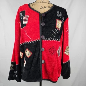 Vintage Keren Hart Women's L Jacket Red Black Patchwork Button Front Textured - Picture 1 of 14