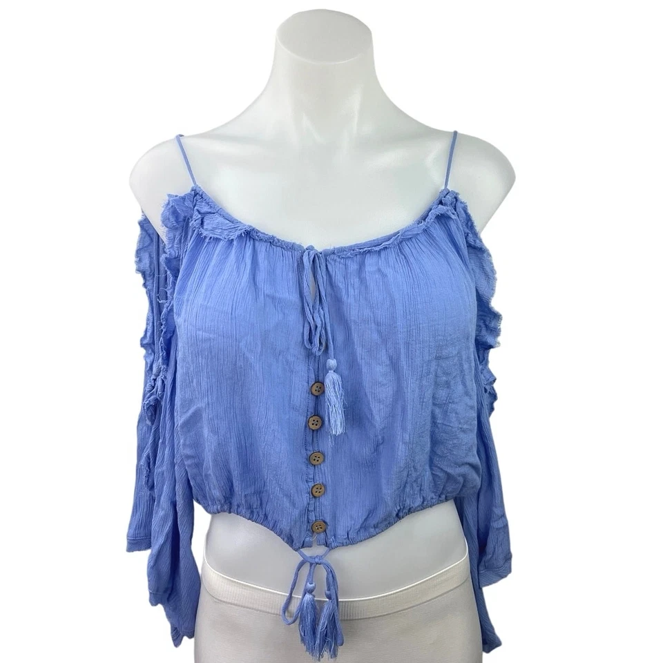Blusa corta boho manga campana hombro frío con volantes azul semilla mostaza talla S Foto 1 de 4
