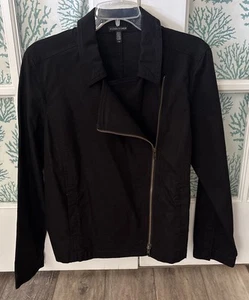 Eileen Fisher Women “L” Black Stretch Moto Asymmetric Zip Jacket Minimalist - Picture 1 of 14
