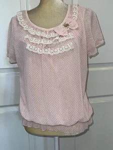 Romantic Feminine Pink Swiss Dot Ruffle Blouse Rhinestone Bow Detail XL - Picture 1 of 5