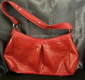 Liz Claiborne rot Lack geprägt Schultertasche Handtasche-LC Logo, Reißverschluss - Bild 1 von 8