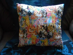 PILLOW Dog &Cat scene in cotton soft material, handmade 15" 2/sided. - Picture 1 of 2