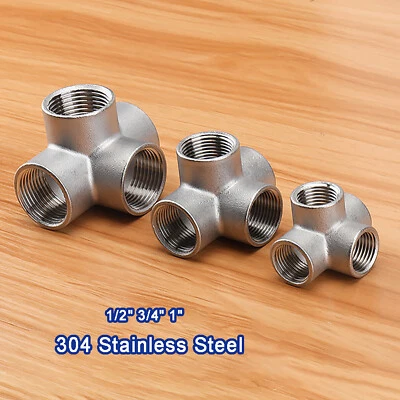 Stainless Steel BSP 1/2" 3/4" 1" Female 4-Way Elbow Connector Cross Pipe Fitting - Image 1 of 4