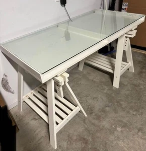 IKEA MITTBACK White Trestle Table with Glass Top - Picture 1 of 6
