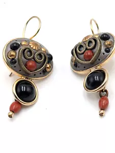 Hand Made Michal Golan Bo Ho Style Pierced Earrings with Black Onyx and Heart - Picture 1 of 7