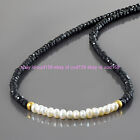 3mm Bright Black Spinel Gemstone & Natural White Rondelle Pearl Necklace 18'' Aa